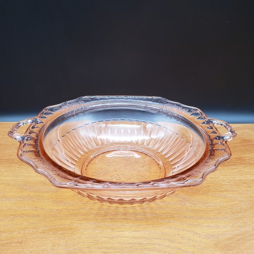 Anchor Hocking Mayfair Pink Depression Glass Handled Vegetable Bowl 11.75"
